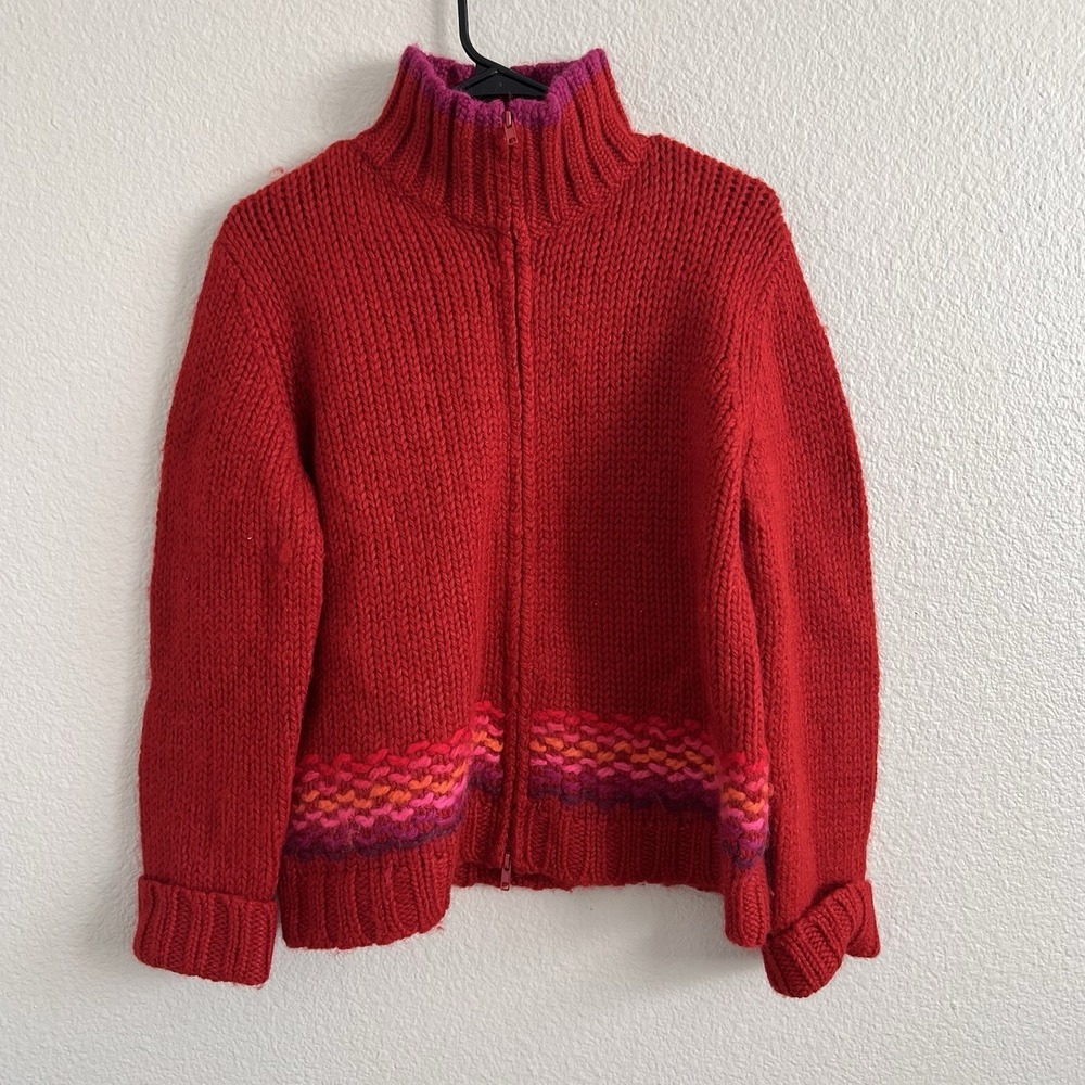 VIntage Womens Large Express Red Chunky Knit Zip Cardigan Cabin Core Nordic Wool